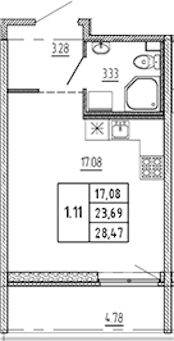 Квартира студия 23.69 м², 17/22 эт., ЖК «Новые горизонты 2»